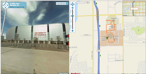 MapQuest Street Level A view of University of Phoenix Stadium where youll be seeing the true national championship; TCU vs BSU.